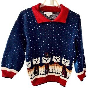 Vintage Sweater Loft Womens Small Cat Pattern Knit Sweater Navy Red Made in USA
